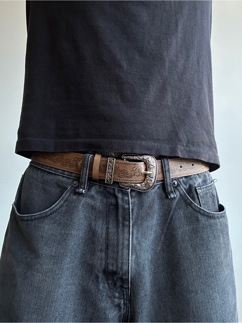 Men's Brown Embossed Leather Belt with Ornate Buckle